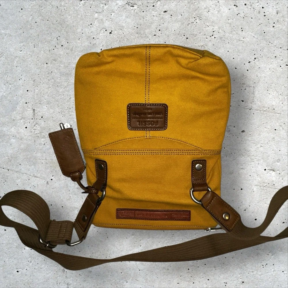 Vintage Fossil Cargo Shoulder Bag Purse Utility Hobo Canvas‎ Safari Yellow - Picture 3 of 16